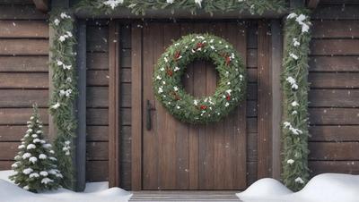 The primary subject of the image is a large, beautifully decorated wreath hanging on a wooden door. The wreath is adorned with a variety of greenery, including leaves and berries, creating a festive and welcoming atmosphere. The door is situated in a snowy environment, adding a touch of winter charm to the scene. The visual style of the image is a combination of photo and digital art, resulting in a realistic yet artistic representation of the wreath and door. The colors and m